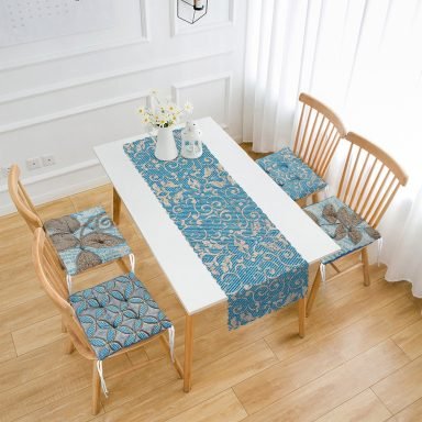 Mavi Damask Tasarımlı 4 Pofidik Sandalye Minderi ve 1 Runner Seti