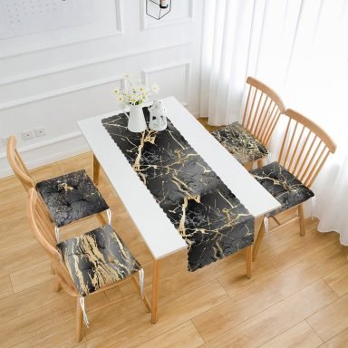 Siyah Altın Varaklı Mermer Motifli 4 Pofidik Sandalye Minderi ve 1 Runner Seti