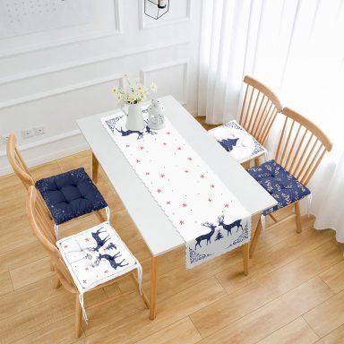 Lacivert Renkli Yılbaşı Temalı 4 Pofidik Sandalye Minderi ve 1 Runner Seti