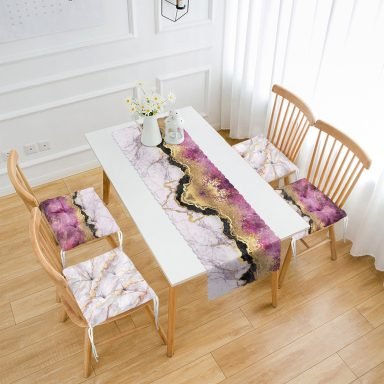 Mor Mermer Tasarımlı 4 Pofidik Sandalye Minderi ve 1 Runner Seti