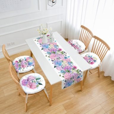 Ortanca Çiçek Motifli 4 Yuvarlak Pofidik Sandalye Minderi ve 1 Runner Seti