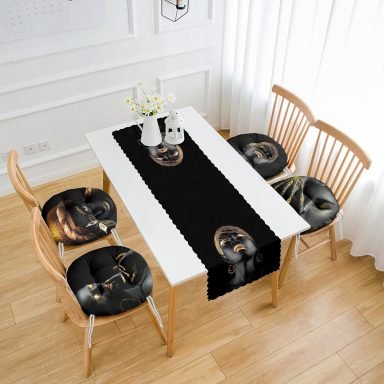 Siyahi Arap Kadın Tasarımlı 4 Yuvarlak Pofidik Sandalye Minderi ve 1 Runner Seti