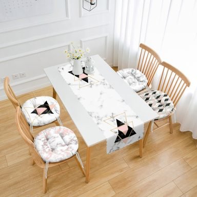 Mermer Zeminli Geometrik Çizimler 4 Yuvarlak Pofidik Sandalye Minderi ve 1 Runner Seti