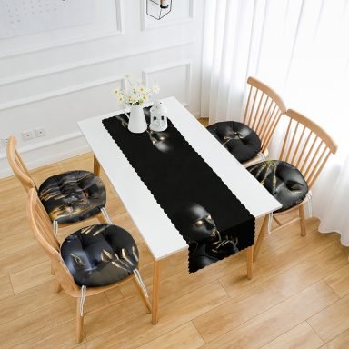 Siyah Zeminde Siyahi Kadın Tasarımları 4 Yuvarlak Pofidik Sandalye Minderi ve 1 Runner Seti