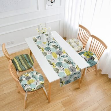 Renkli Tropik Yaprak Tasarımlı 4 Yuvarlak Pofidik Sandalye Minderi ve 1 Runner Seti