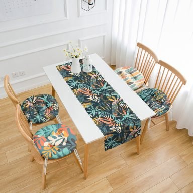 Renkli Tropik Yaprak Tasarımlı 4 Yuvarlak Pofidik Sandalye Minderi ve 1 Runner Seti