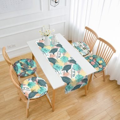 Renkli Tropik Yaprak Tasarımlı 4 Yuvarlak Pofidik Sandalye Minderi ve 1 Runner Seti