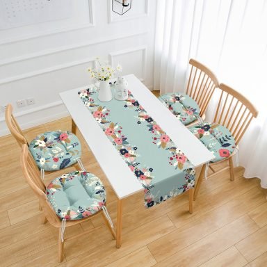 Soyut Yeşil Renkli Çiçek Tasarımlı 4 Yuvarlak Pofidik Sandalye Minderi ve 1 Runner Seti