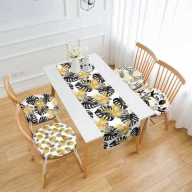 Tropik Yaprak Motifli 4 Yuvarlak Pofidik Sandalye Minderi ve 1 Runner Seti