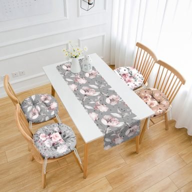 Gri Zeminli Gül Motifli 4 Yuvarlak Pofidik Sandalye Minderi ve 1 Runner Seti