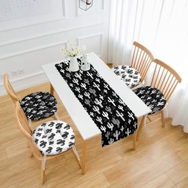 Siyah Beyaz Kaktüs Motifli 4 Yuvarlak Pofidik Sandalye Minderi ve 1 Runner Seti