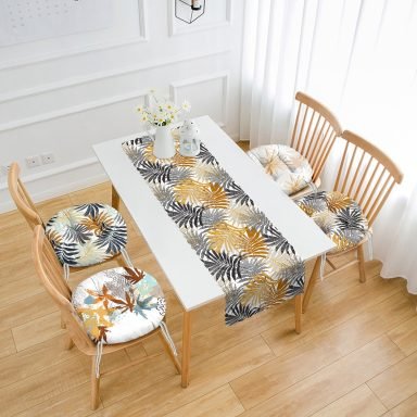 Tropik Sonbahar Yaprak Tasarımlı 4 Yuvarlak Pofidik Sandalye Minderi ve 1 Runner Seti