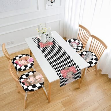 Dama Zemin Fashion Girl Motifli 4 Yuvarlak Pofidik Sandalye Minderi ve 1 Runner Seti