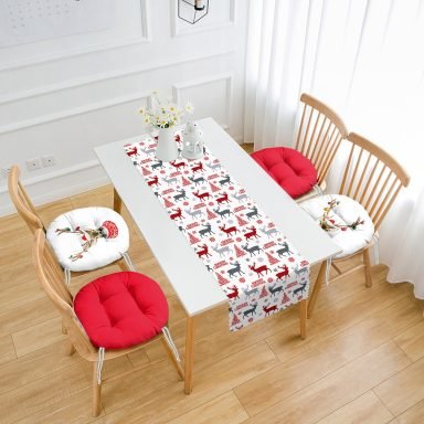 Geyik Desenli Yılbaşı Temalı 4 Yuvarlak Pofidik Sandalye Minderi ve 1 Runner Seti