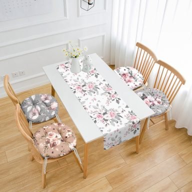 Soyut Renkli Gül Motifli 4 Yuvarlak Pofidik Sandalye Minderi ve 1 Runner Seti