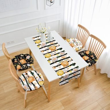 Yaprak Çizimli Kabak Temalı 4 Yuvarlak Pofidik Sandalye Minderi ve 1 Runner Seti