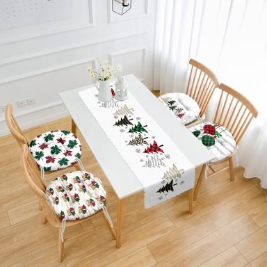 Yılbaşı Temalı Ekose Çam Ağaç Tasarımlı 4 Yuvarlak Pofidik Sandalye Minderi ve 1 Runner Seti