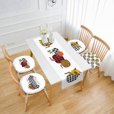 Siyah Ekose Kabak Ayçiçeği Motifli 4 Yuvarlak Pofidik Sandalye Minderi ve 1 Runner Seti