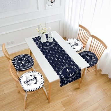 Lacivert Denizci Desenli Çapa & Dümen Tasarımlı 4 Yuvarlak Pofidik Sandalye Minderi ve 1 Runner Seti