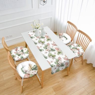 Kurumuş Tropik Yaprak Tasarımlı 4 Yuvarlak Pofidik Sandalye Minderi ve 1 Runner Seti