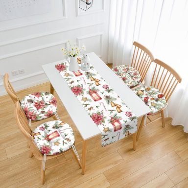 Yılbaşı Temalı Soft Kırmızı Gül Tasarımlı 4 Yuvarlak Pofidik Sandalye Minderi ve 1 Runner Seti