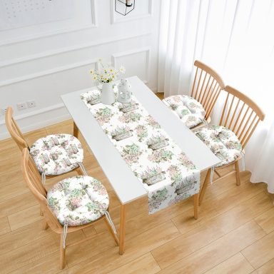 Çiçek Motifli Dijital Baskılı 4 Yuvarlak Pofidik Sandalye Minderi ve 1 Runner Seti