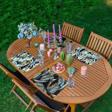 4'lü Siyah Zeminli Renkli & Altın Varaklı Yaprak Motifli Amerikan Servis Seti