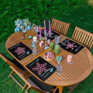 4'lü Siyah Zemin Pembe Kar Tanesi Tasarımlı Amerikan Servis Seti