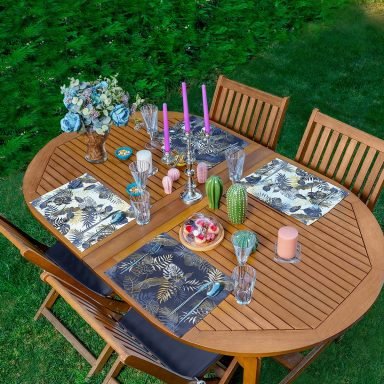 4'lü Lacivert Gold Detaylı Yaprak Tasarımlı Amerikan Servis Seti