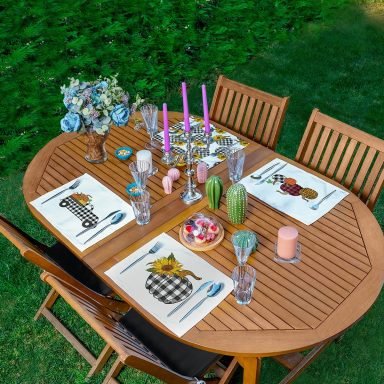 4'lü Siyah Ekose Balkabağı Motifli Amerikan Servis Seti