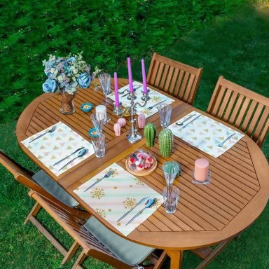 4'lü Renkli Çizgiler Üzerinde Gold Detaylı Amerikan Servis Seti