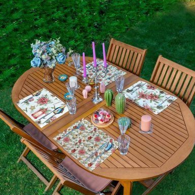 4'lü Renkli Çiçek & Yaprak Tasarımlı Amerikan Servis Seti