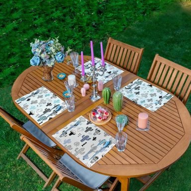 4'lü Renkli Kaktüs Tasarımlı Amerikan Servis Seti