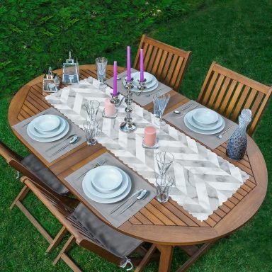 Geometrik Desenli Mermer Zeminli Modern 1 Adet Runner & 4 Adet Gri Renkli Amerikan Servis