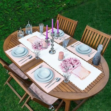 Coco Parfüm Tasarımlı Dijital Baskılı Modern 1 Adet Runner & 4 Adet Pembe Renkli Amerikan Servis