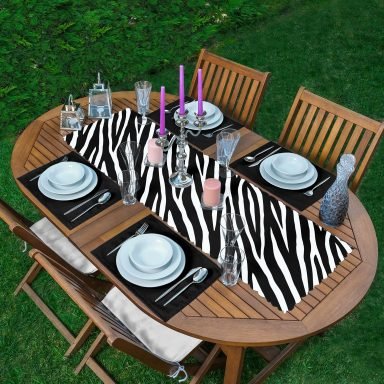 Zebra Derisi Desenli Dijital Baskılı Modern 1 Adet Runner & 4 Adet Siyah Renkli Amerikan Servis