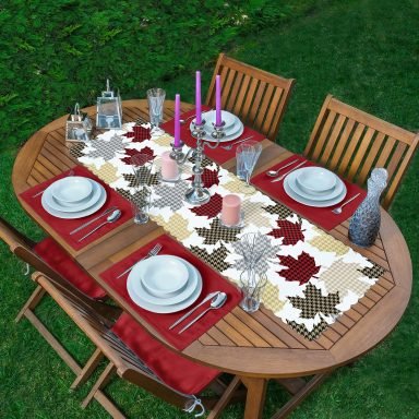 Beyaz Zemin Ekoseli Yaprak Desenli Dijital Baskılı 1 Runner & 4 Adet Bordo Renkli Amerikan Servis