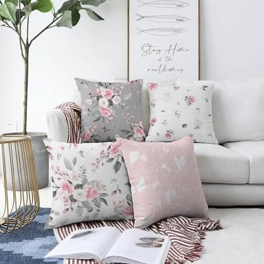 4'lü Gül Motifli Konsept Modern Raşel Kadife Yastık Kırlent Kılıf Seti