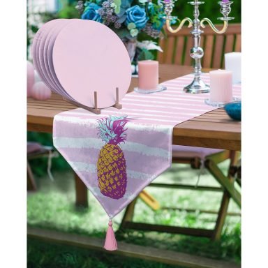 Realhomes Pembe Çizgili Zemin Ananas Motifli Üçgen Püsküllü Runner 1 Adet & 6 Adet Pembe Renkli Supla