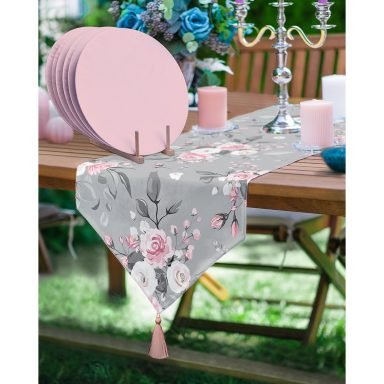 Realhomes Gri Zeminde Gül Tasarımlı Üçgen Püsküllü Runner 1 Adet & 6 Adet Pembe Renkli Supla