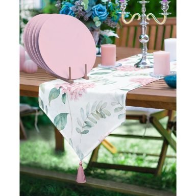 Realhomes Ortanca Çiçeği Tasarımlı Üçgen Püsküllü Runner 1 Adet & 6 Adet Pembe Renkli Supla