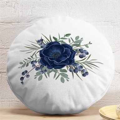 Pastel Mavi Gül Desenli Dijital Baskılı Modern Yuvarlak Yastık Kırlent Kılıfı