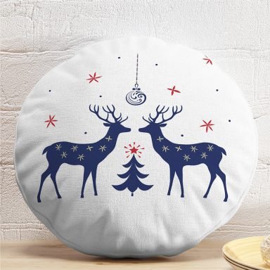 Mery Christmas Geyik Tasarımlı Dijital Baskılı Dekoratif Yuvarlak Yastık Kırlent Kılıfı