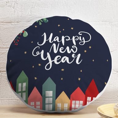 Happy New Year Tasarımlı Dijital Baskılı Dekoratif Yuvarlak Yastık Kırlent Kılıfı