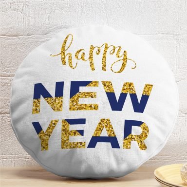 Beyaz Zemin Gold & Lacivert Happy New Year Çizimli Dijital Baskılı Modern Yuvarlak Yastık Kırlent Kılıfı