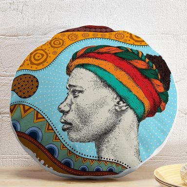 Etnik Türbanlı Afrika Kadın Tasarımlı Dijital Baskılı Dekoratif Yuvarlak Yastık Kırlent Kılıfı