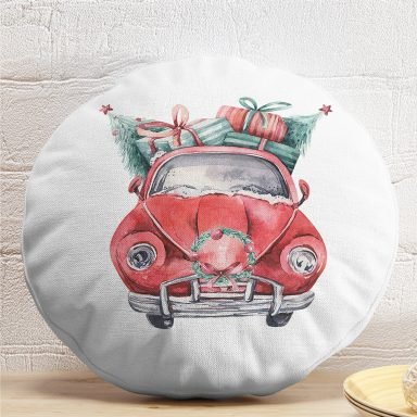Christmas Temalı Araba Tasarımlı Dijital Baskılı Modern Yuvarlak Yastık Kırlent Kılıfı
