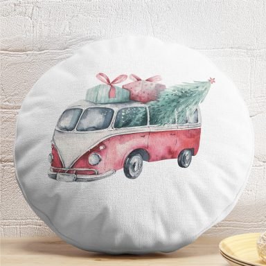 Christmas Temalı Araba Tasarımlı Dijital Baskılı Modern Yuvarlak Yastık Kırlent Kılıfı