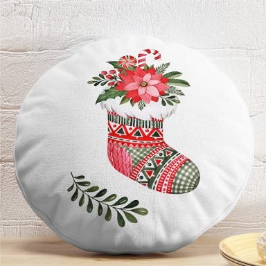 Merry Christmas Temalı Dijital Baskılı Dekoratif Yuvarlak Yastık Kırlent Kılıfı