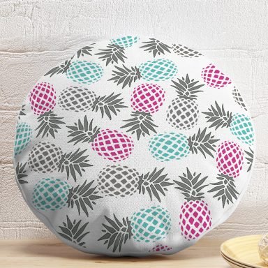 Beyaz Zeminde Ananas Motifli Dijital Baskılı Dekoratif Yuvarlak Yastık Kırlent Kılıfı